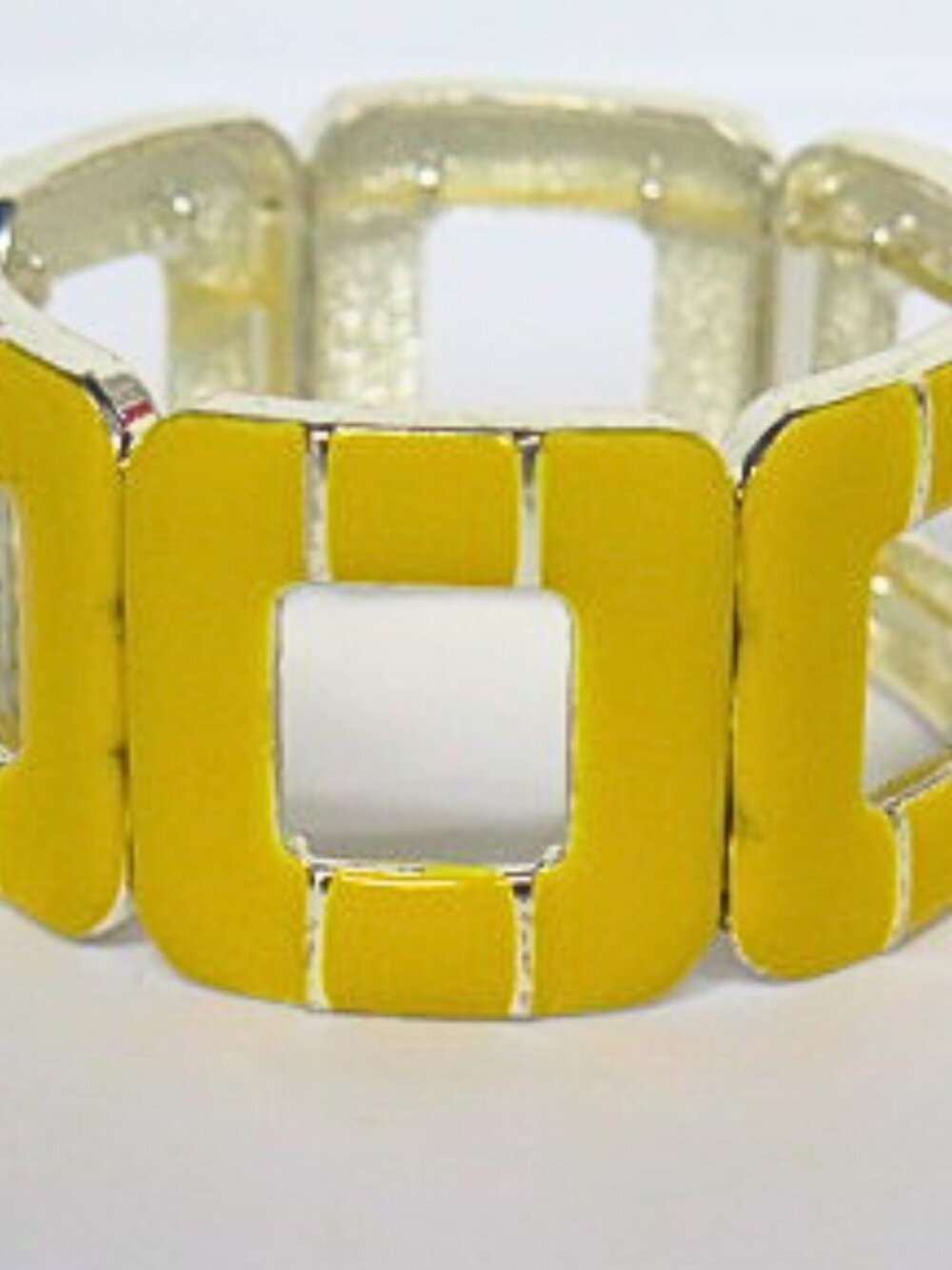 Yellow Silver Tone Stretch Bracelet Wide Geometric Statement Cuff